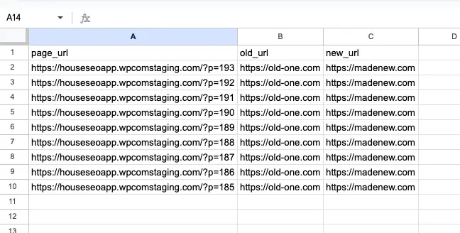 Example CSV redirect mapping showing old URLs mapped to new URLs