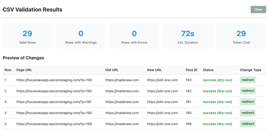 Bulk redirect workflow process showing validation and deployment steps