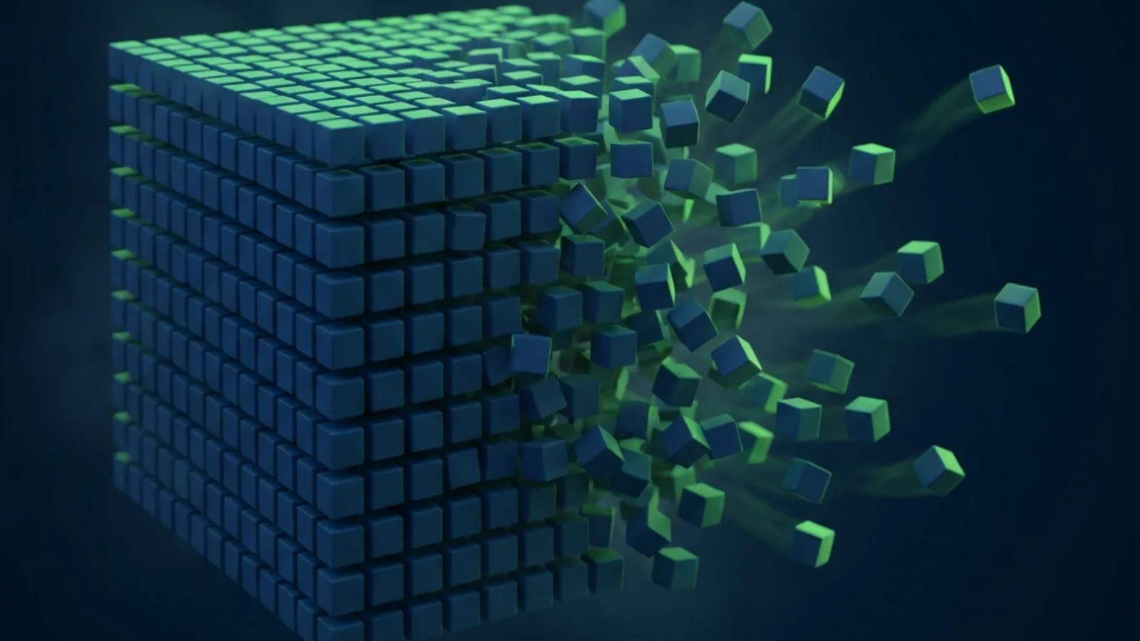 A uniform mass of identical cubes with roughly forty percent drifting away, indistinguishable from those remaining, representing representative rather than selective click loss