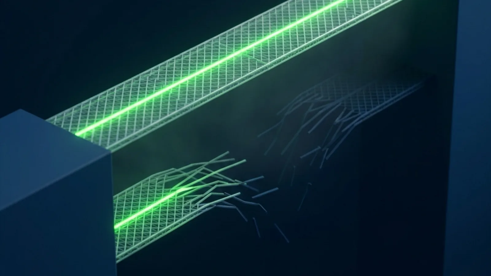 A two-level bridge where the upper span crosses intact and lit while the lower span frays and fades unnoticed, representing AI visibility breaking silently during a site migration