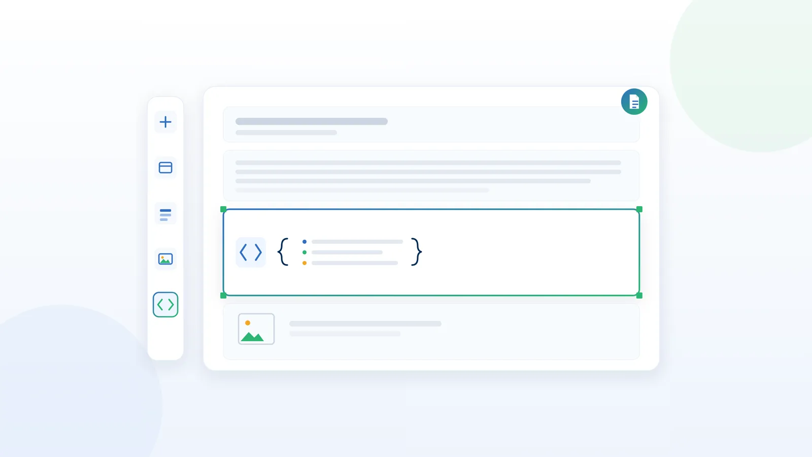 Page builder custom HTML block containing a JSON-LD script for page-specific schema.
